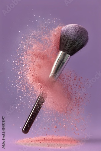 Brush Swirling Pink Powder Against a Lavender Background in an Artistic Displ...