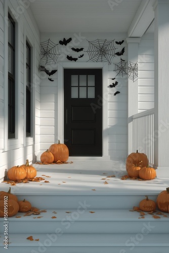 Spooky Halloween Decorations Adorn a Front Porch With Pumpkins and Bats in Au...