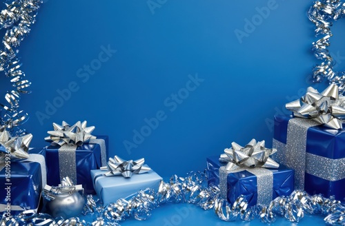 Elegant arrangement featuring blue presents and shimmering silver decorations