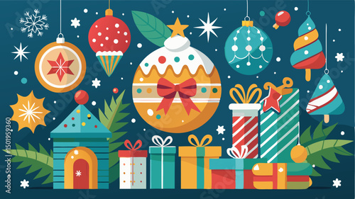 Cheerful winter holiday illustration featuring a snowman, presents, and festive decorations showcasing the joy of the season