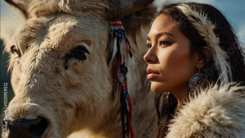 Young indigenous woman with white bull posing outdoors
