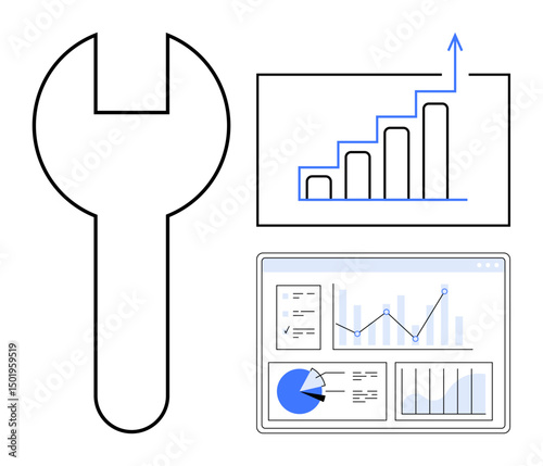 Wrench symbol, bar chart with upward arrow, analytics dashboard with graphs and pie chart. Ideal for business, analytics, optimization, development, growth, maintenance simple landing page