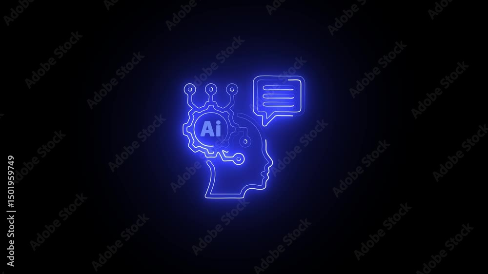 Bright BlueListening and Speaking Icon in Neon Light. Glowing Blue Interpersonal Communication Icon on Dim Background. Abstract Neon Blue Chat Bubble Logo on Dark.