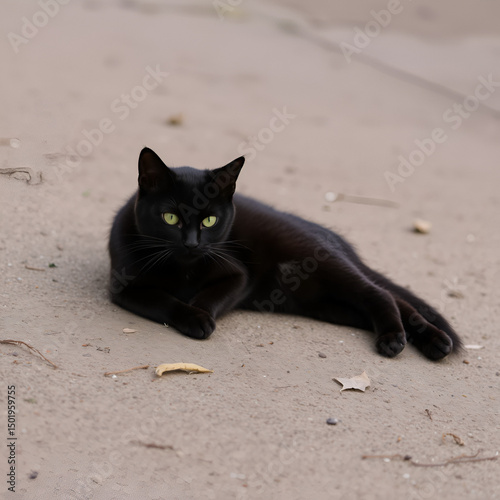 black stray cat lying on ground