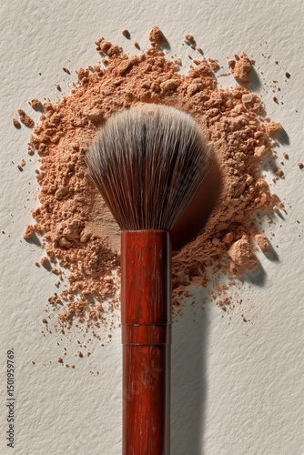 Makeup Brush and Loose Powder Create a Vibrant Cosmetic Display on a Light Su...