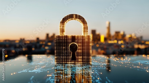 Digital Lock Symbolizing Cybersecurity Against City Skyline During Sunset