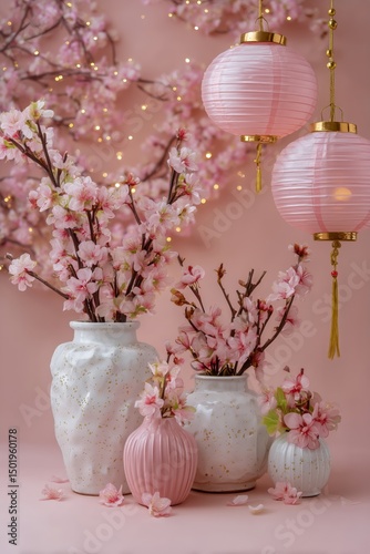 Elegant Pink Floral Arrangements With Lanterns and Balloons for a Festive Cel...