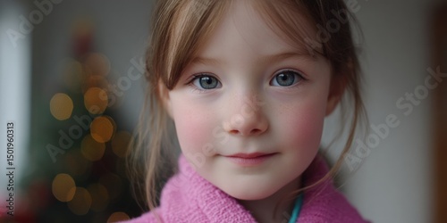 Little girl in a bright pink coat standing outdoors with a blurred natural background during daytime.