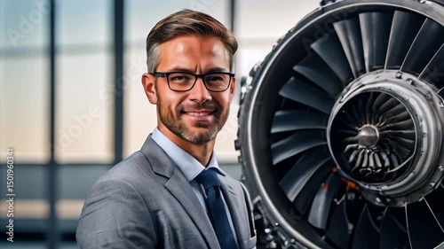 Aircraft engineer smiling next to a jet engine