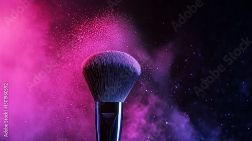 Cosmetic Brush Surrounded by Colorful Powder Creating a Vibrant Display