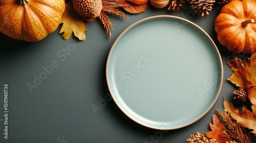 Decorative Autumn Platter Surrounded by Seasonal Elements on a Light Green Ba...