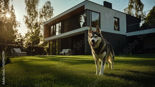 Happy Husky Exploring a Green Garden in Front of a Modern House During Sunset