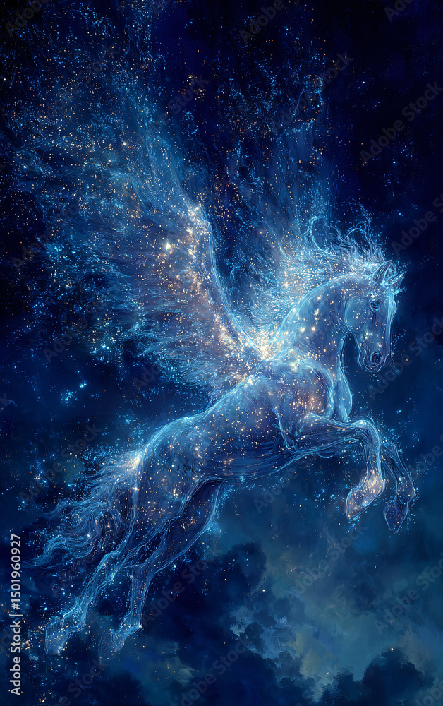 Obraz premium celestial pegasus flying through starry night sky, glowing mythical winged horse illustration made of starlight and cosmic clouds, fantasy creature in dreamy universe scene