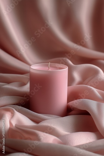 Soft Pink Candle Glowing Against Delicate Fabric Backdrop During Serene Eveni...