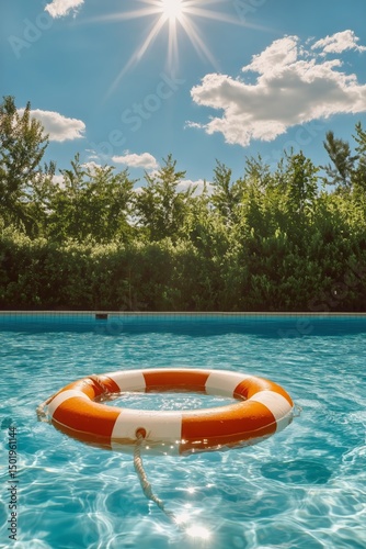 Bright Sunny Day With a Lifebuoy Floating in a Crystal-Clear Swimming Pool Su...
