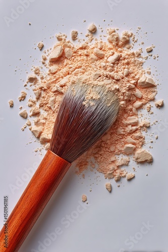 Makeup Brush and Loose Powder Create a Vibrant Cosmetic Display on a Light Su...
