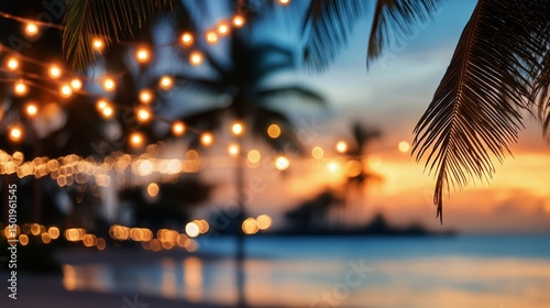 Evening Beach Ambiance With Warm Lights and Sunset Over the Water