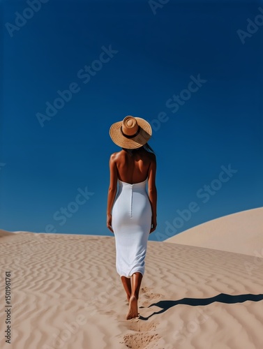 Woman Walks Through Sandy Dunes Under Clear Blue Sky During Bright Daylight
