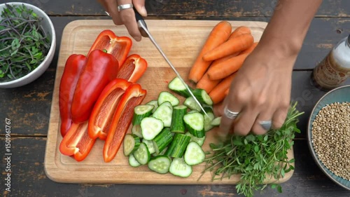 Preparing fresh vegetables cutting board bell pepper carrot cucumber healthy food recipe cooking kitchen