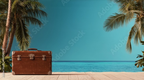 Vintage Suitcase by the Tropical Beach With Clear Blue Waters and Swaying Pal...