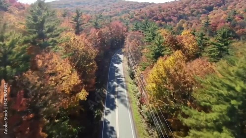 Aerial fall foliage road trip scenic autumn drive through colorful trees mountain landscape view