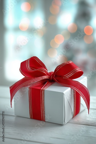 Gift Wrapped With Red Ribbon on Wooden Table During Festive Season