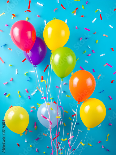 Festive Blue Background with Colorful Balloons and Confetti for