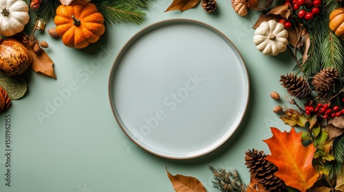 Decorative Autumn Platter Surrounded by Seasonal Elements on a Light Green Ba...