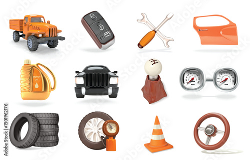 Automotive vector 3d icon Set with Car parts, Tools, Repair, and Maintenance Elements