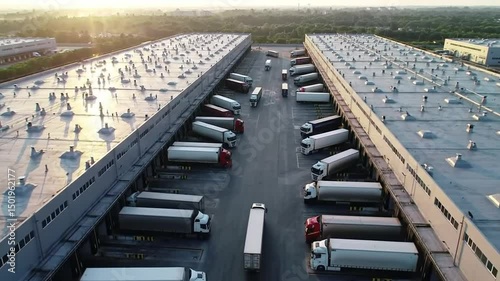 Aerial view of logistics center warehouse with trucks for delivery and distribution services