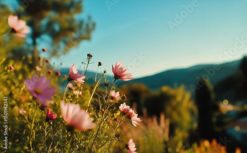 Breezy Afternoon in a Vibrant Garden Filled With Blooming Flowers and Rolling...
