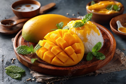 Mango sticky rice dessert with glutinous rice, creamy coconut milk, and golden yellow mango, a traditional recipe from thailand