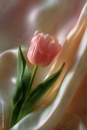 Soft Pink Tulip Standing Gracefully on Silky Fabric Background