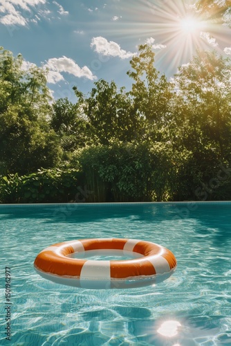 Relaxing Afternoon by the Pool With a Lifebuoy Floating Under a Sunny Sky
