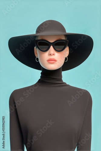 Fashion Model Poses in Stylish Hat and Sunglasses Against a Vibrant Blue Back...