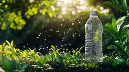 Refreshing Water Bottle in Nature With Sunlight Filtering Through Green Foliage