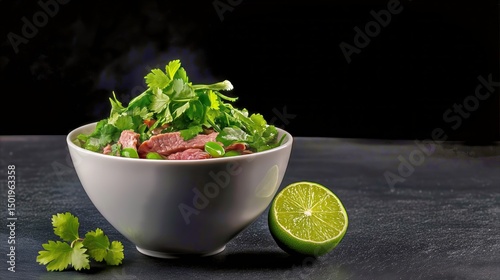 Delicious Fresh Salad With Herbs and Lime on a Dark Background in a Modern Ki...