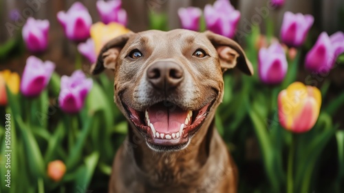 Golden Retriever Joyfully Smiling Among Colorful Tulips in a Vibrant Garden D...