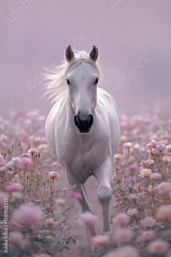 Majestic White Horse Running Through Blooming Pink Flowers at Dawn