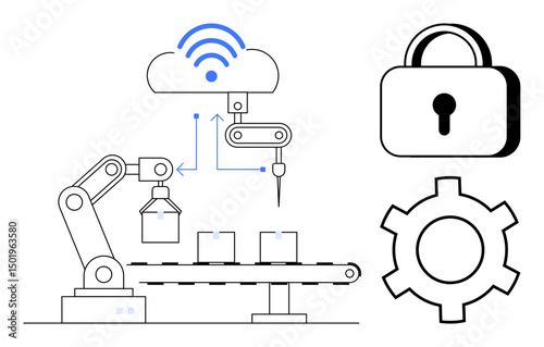 Robotic arm assembling objects on conveyor belt, cloud connectivity, padlock for security, and gear symbol. Ideal for IoT, automation, cybersecurity, manufacturing, AI integration innovation simple