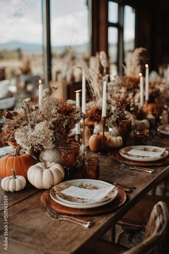Cozy Autumn Dining Setup With Seasonal Decorations and Warm Ambiance