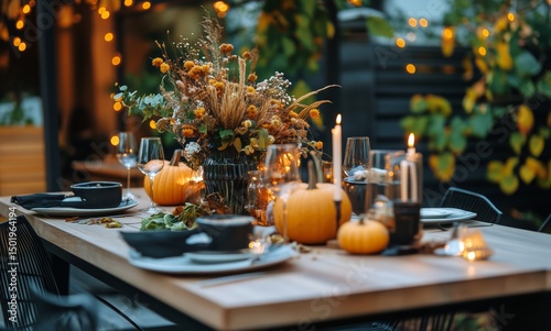 Elegant Autumn Dinner Setting With Pumpkins and Candles in Cozy Outdoor Space