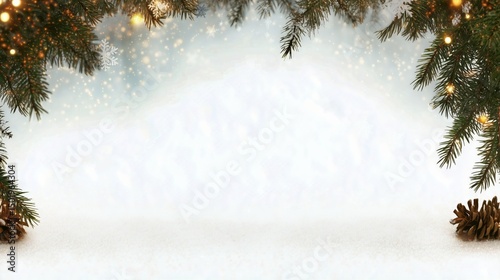 Snowy Winter Background With Pine Branches and Soft Light Effects for Seasona...