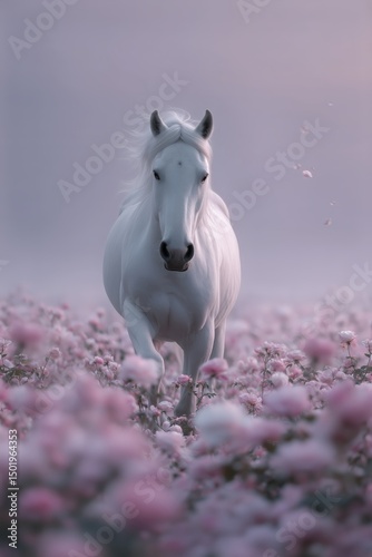 Majestic White Horse Running Through Blooming Pink Flowers at Dawn