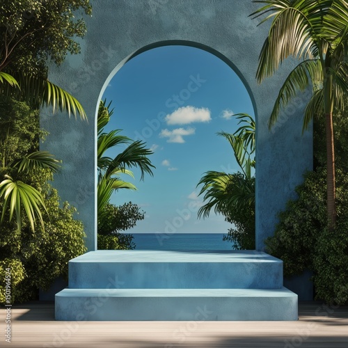 Coastal Archway With Tropical Foliage and Clear Sky at Serene Ocean Shore