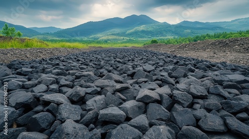 Rocky landscape with mountains under a cloudy sky.