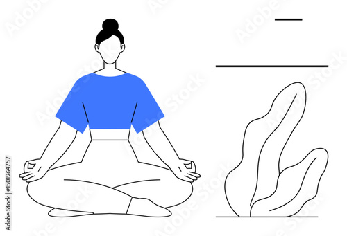 Calm woman seated in a lotus position practicing mindfulness and meditation. Minimalist design elements including abstract plant and lines. Ideal for wellness, balance, mental health, mindfulness