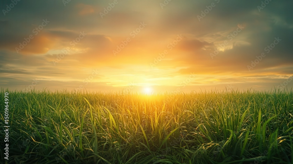 Fototapeta premium Golden sunrise over a field of tall grass or crops.