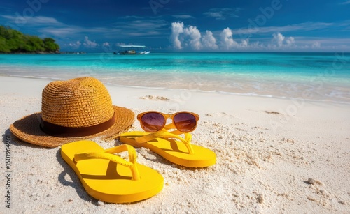 A beautiful and colorful picture depicts a summer beach holiday concept, complete with beach accessories like a straw hat, glasses, starfish, and yellow flip-flops, set against a tropical beach photo