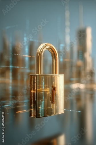 Digital Golden Lock Symbolizes Cybersecurity and Data Protection in a Futuris...